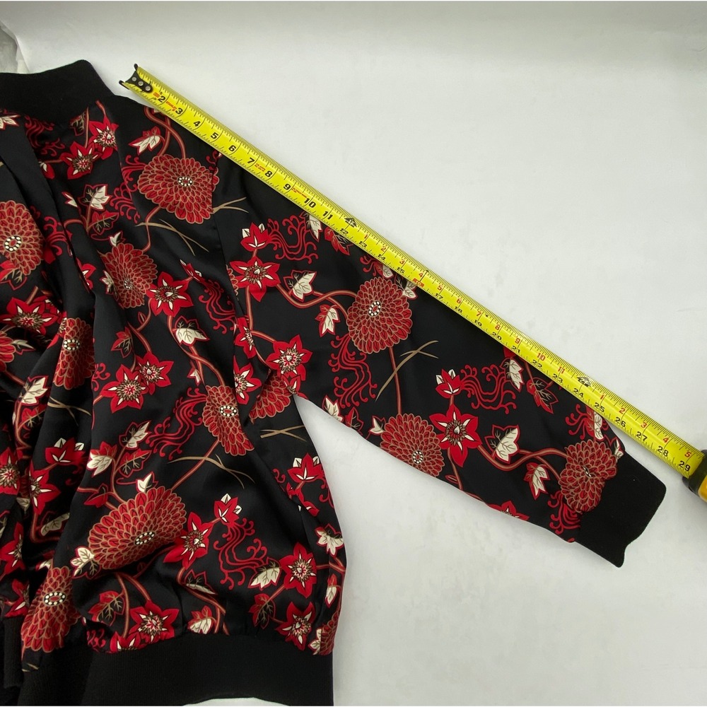 Notations Silk Bomber Jacket Womens Large Black Red Floral Chrysanthemum Zip Up - Picture 7 of 7